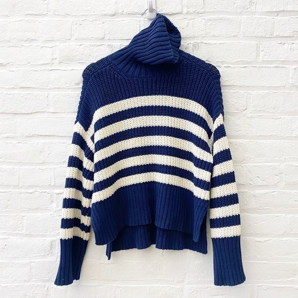 Madewell || Wide Rib Chunky Knit Turtleneck Sweater Navy Stripe XXS