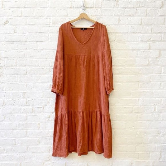 7 For All Mankind || Cecelia Gauze Tiered Midi Dress Rust Persimmon Small NWT