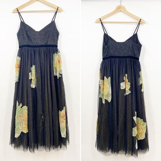 Anthropologie || Moulinette Souers Saffron Tulle Midi Dress Black Floral 4