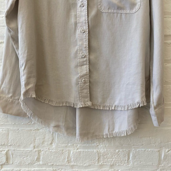 Bella Dahl || Raw Fray Hem Button Down Tencel Lyocell Gray Beige Small