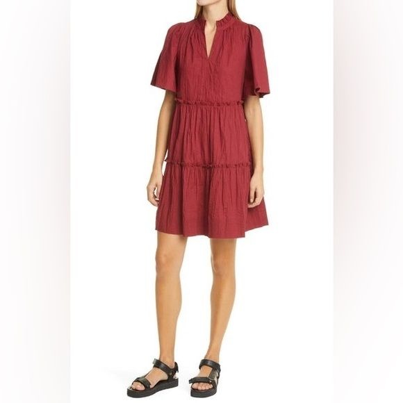 SEA New York || Tivoli Crinkle Short-Sleeve Mini Dress Red Ruffle A-line 4