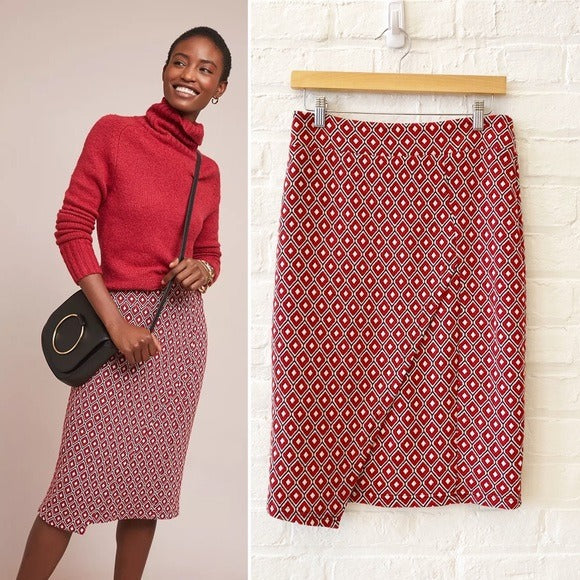 Anthropologie || Maeve Wiles Geometric Faux Wrap Pencil Skirt Geometric Red S