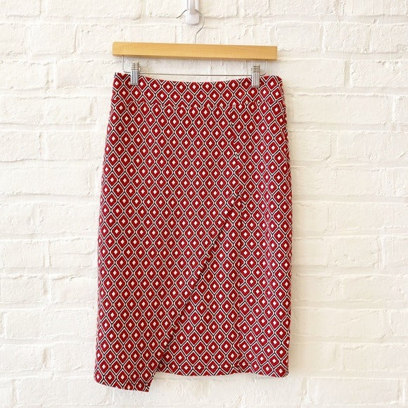 Anthropologie || Maeve Wiles Geometric Faux Wrap Pencil Skirt Geometric Red S