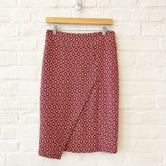 Anthropologie || Maeve Wiles Geometric Faux Wrap Pencil Skirt Geometric Red S