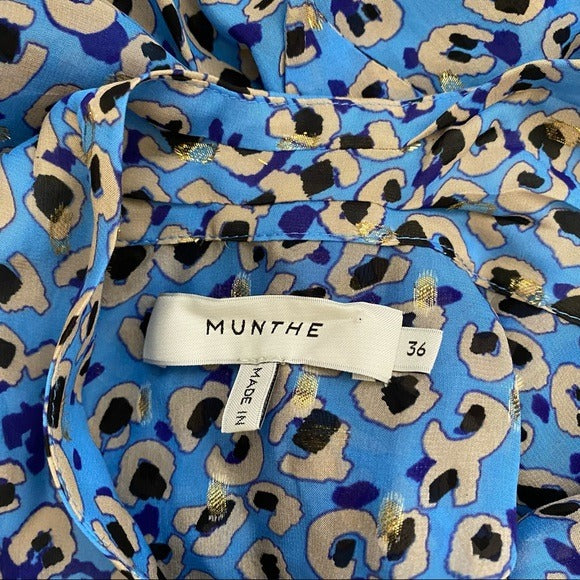 MUNTHE || Jadyn Leopard Pussybow Blouse Blue Gold Metallic 36 US 4