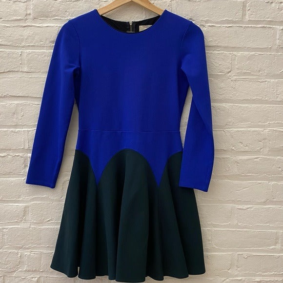 Mason by Michelle Mason || Ponte Fit + Flare Long Sleeve Mini Dress Blue Green S