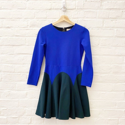 Mason by Michelle Mason || Ponte Fit + Flare Long Sleeve Mini Dress Blue Green S