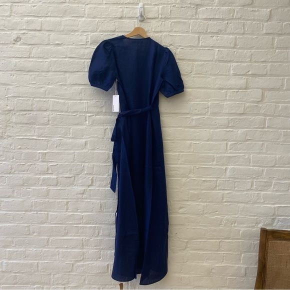 Reformation || Weiss Linen Wrap Midi Dress Danube Navy Blue S NWT