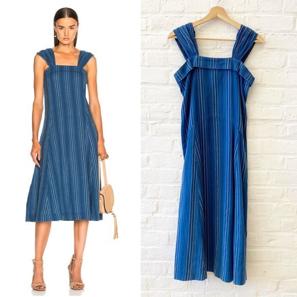 The Great. || Sundown Midi Dress Blue Tiller Stripe Cotton Size 1 / Small