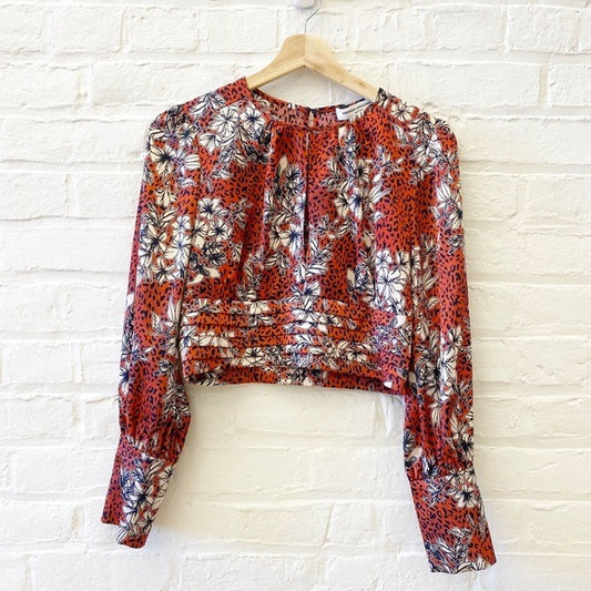 Amanda Uprichard || Samira Floral Leopard Keyhole Blouse Orange / Leopard Small