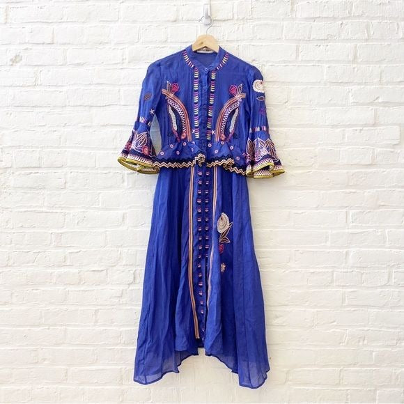 Reds Hall Women || Embroidered Ruffle Sleeve Midi Dress Floral Blue