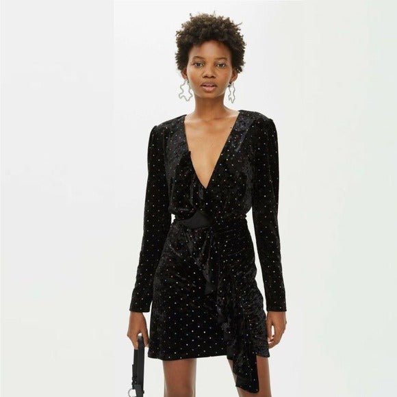 Topshop || Black Velvet Long Sleeved Mini Dress Ruffle Rainbow Studs 4