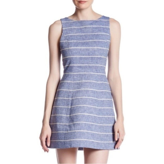 Alice + Olivia || Lindsey Fit + Flare Mini Dress Stripe Linen Blue 4