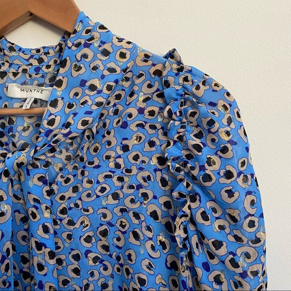 MUNTHE || Jadyn Leopard Pussybow Blouse Blue Gold Metallic 36 US 4