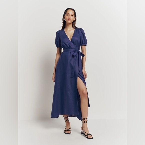 Reformation || Weiss Linen Wrap Midi Dress Danube Navy Blue S NWT