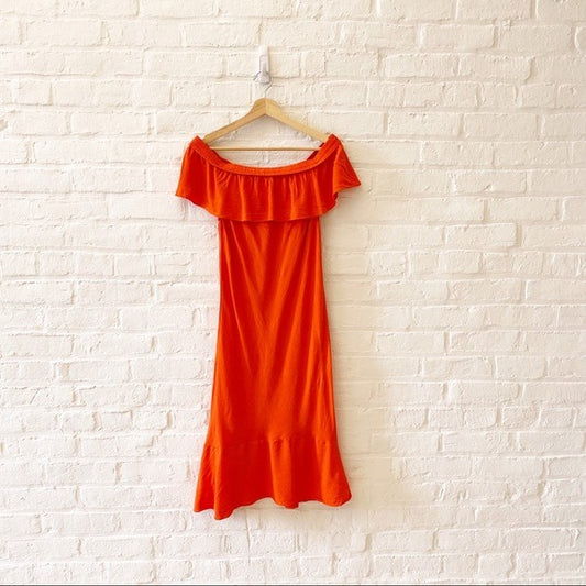 Veronica Beard || Oleta Ruffled Off Shoulder Midi Dress Red Orange 6