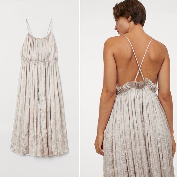 H&M || Draped Crepe X-Back Cross Midi Dress Powder Beige Champagne Small