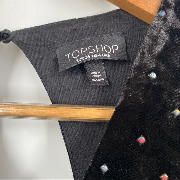 Topshop || Black Velvet Long Sleeved Mini Dress Ruffle Rainbow Studs 4