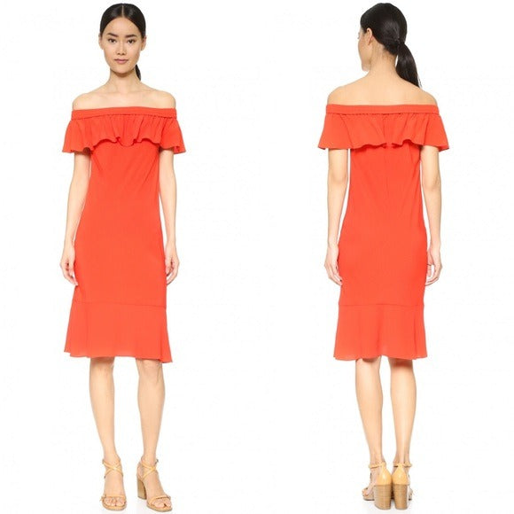 Veronica Beard || Oleta Ruffled Off Shoulder Midi Dress Red Orange 6