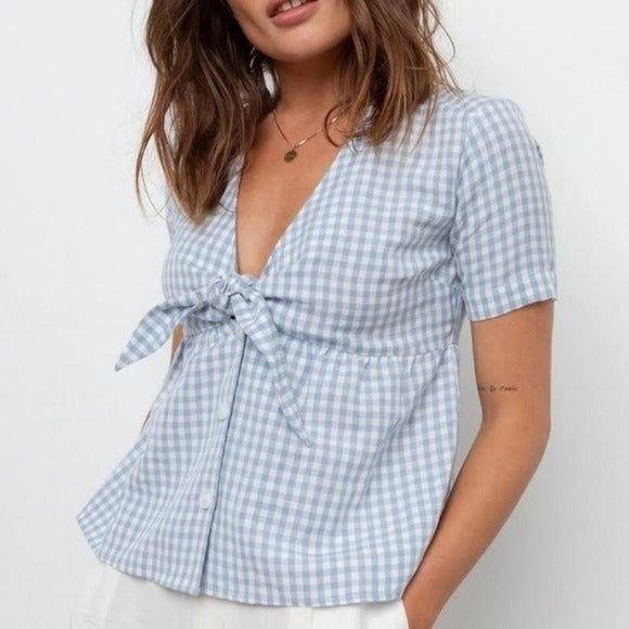 Rails || Tess Plaid Top in Sky Gingham Tie Front Top Small Blue