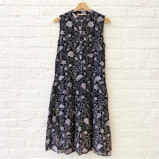 Banjanan || Sleeveless Floral Button Front Tiered Midi Dress Black Purple Small