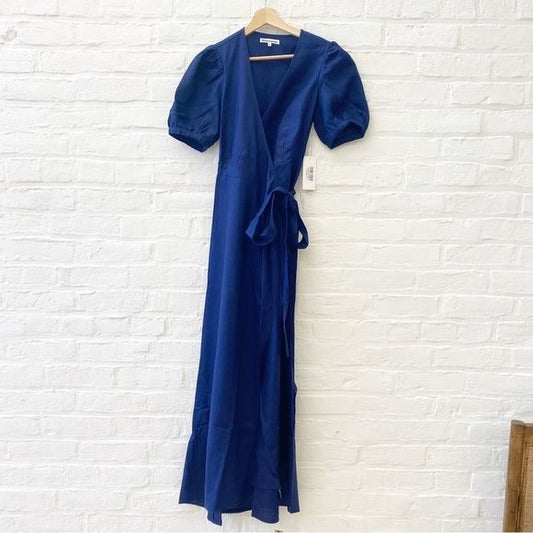 Reformation || Weiss Linen Wrap Midi Dress Danube Navy Blue S NWT