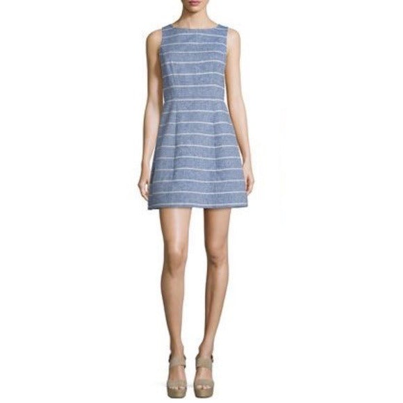 Alice + Olivia || Lindsey Fit + Flare Mini Dress Stripe Linen Blue 4