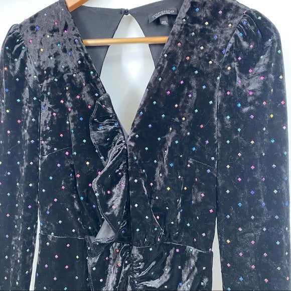 Topshop || Black Velvet Long Sleeved Mini Dress Ruffle Rainbow Studs 4