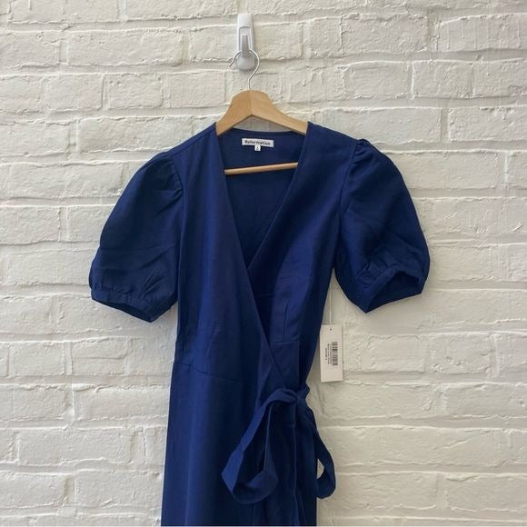 Reformation || Weiss Linen Wrap Midi Dress Danube Navy Blue S NWT