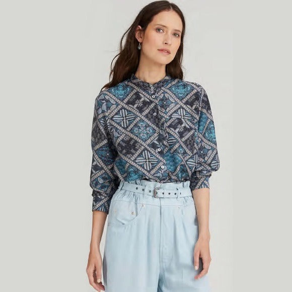 Megan Park || Aulia Silk Blend Shirt Block Print Made in India Size 1 US 6