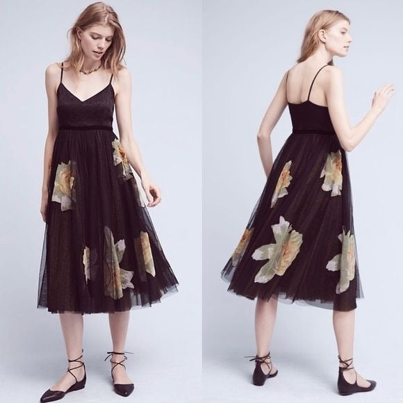 Anthropologie || Moulinette Souers Saffron Tulle Midi Dress Black Floral 4