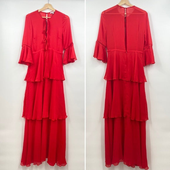 Lucy Paris || Tiered Ruffle Keyhole Tie Maxi Dress Gown Red Small