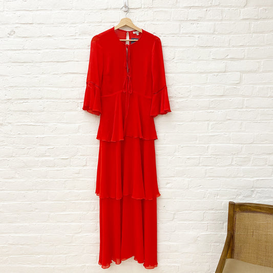 Lucy Paris || Tiered Ruffle Keyhole Tie Maxi Dress Gown Red Small